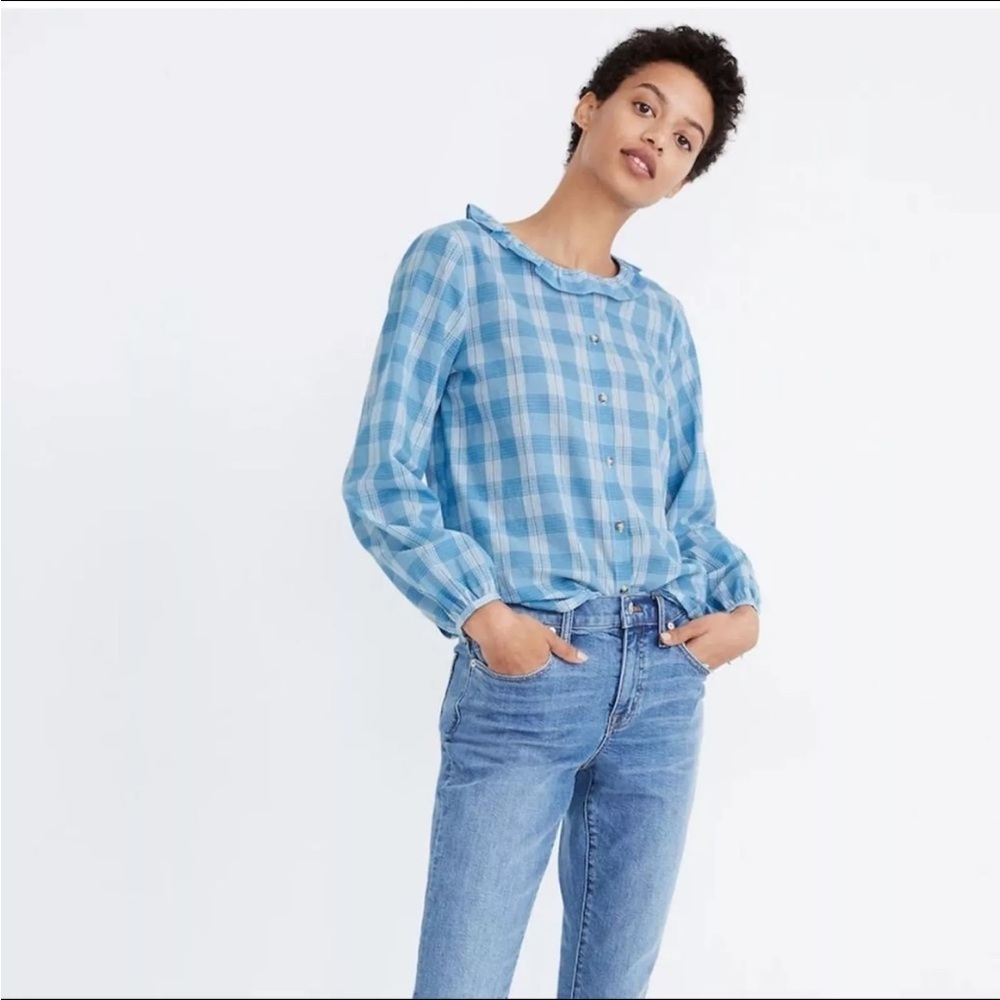 Madewell Ruffleneck Top in Colwell Blue Plaid
